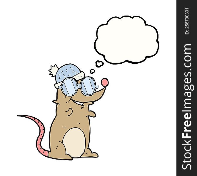 freehand drawn thought bubble cartoon mouse wearing glasses and hat