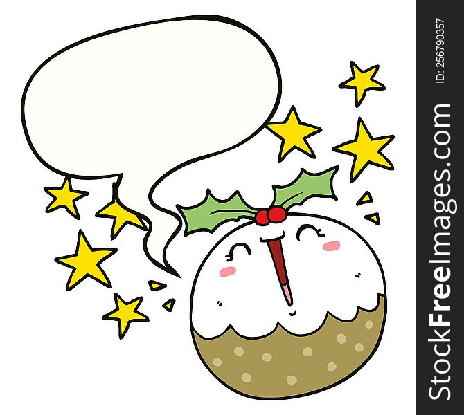 Cute Cartoon Happy Christmas Pudding And Speech Bubble