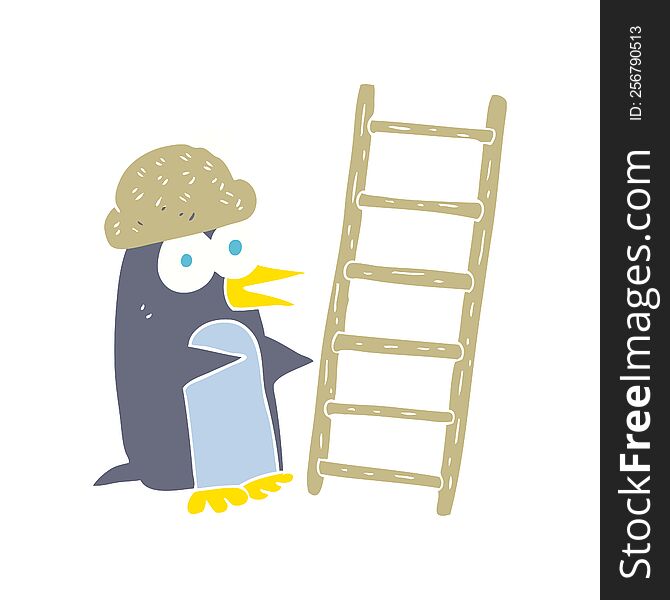 Flat Color Illustration Of A Cartoon Penguin With Ladder