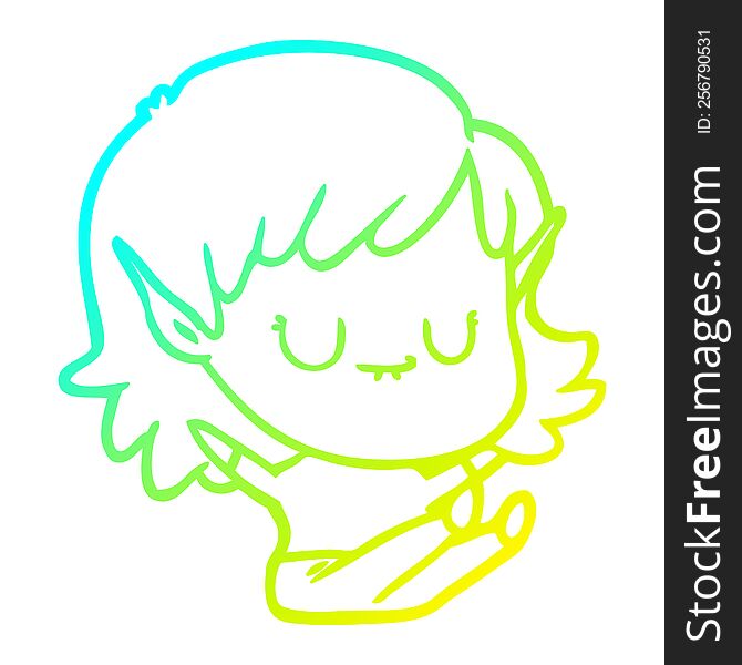 Cold Gradient Line Drawing Happy Cartoon Elf Girl Sitting
