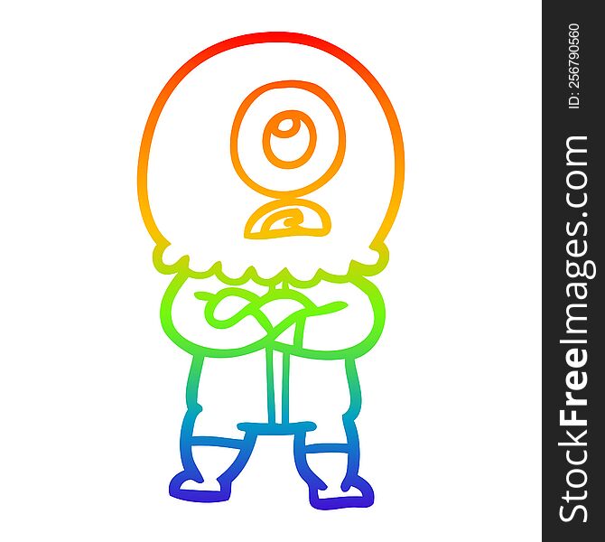 Rainbow Gradient Line Drawing Annoyed Cartoon Cyclops Alien Spaceman