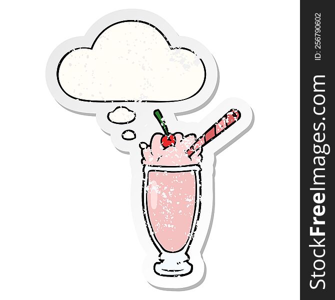 cartoon milkshake with thought bubble as a distressed worn sticker