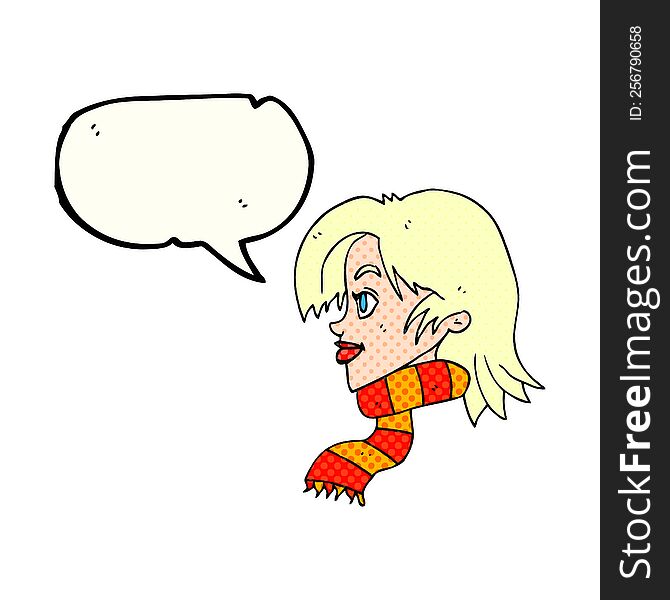 freehand drawn comic book speech bubble cartoon woman wearing scarf
