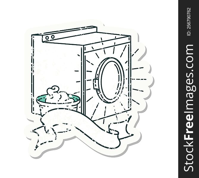 worn old sticker of a tattoo style washing machine. worn old sticker of a tattoo style washing machine