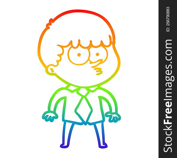 rainbow gradient line drawing of a cartoon nervous boy in shirt and tie