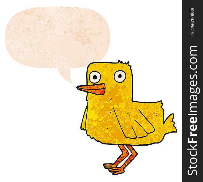 cartoon duck and speech bubble in retro textured style