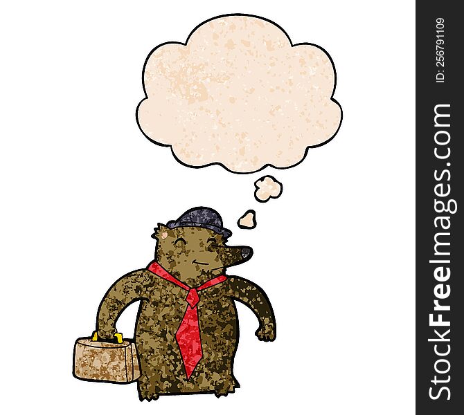 Cartoon Business Bear And Thought Bubble In Grunge Texture Pattern Style