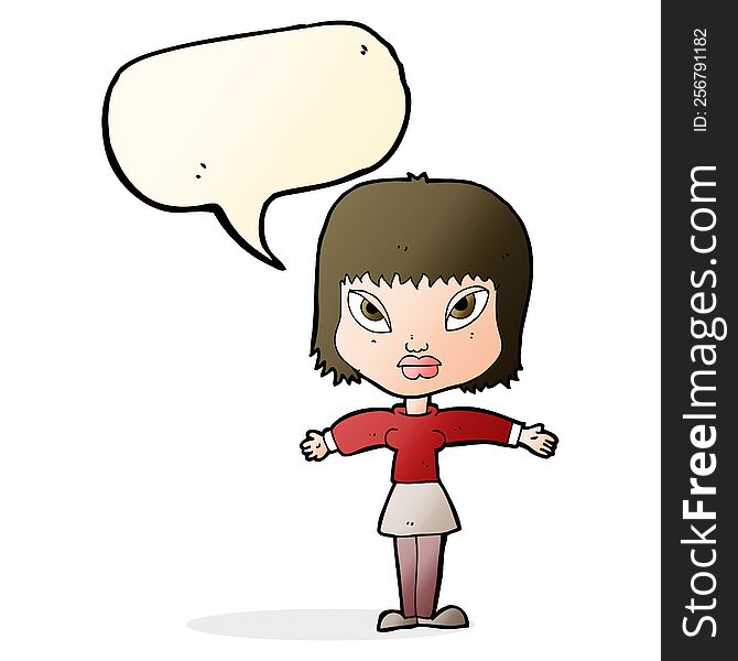 cartoon woman with outstretched arms with speech bubble