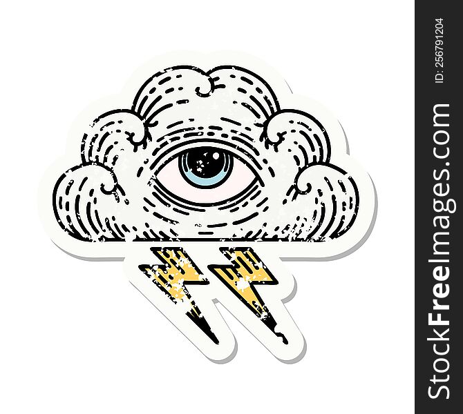 distressed sticker tattoo in traditional style of an all seeing eye cloud. distressed sticker tattoo in traditional style of an all seeing eye cloud
