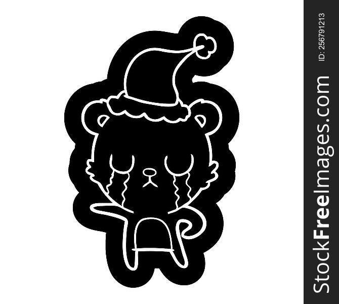 Crying Cartoon Icon Of A Bear Wearing Santa Hat