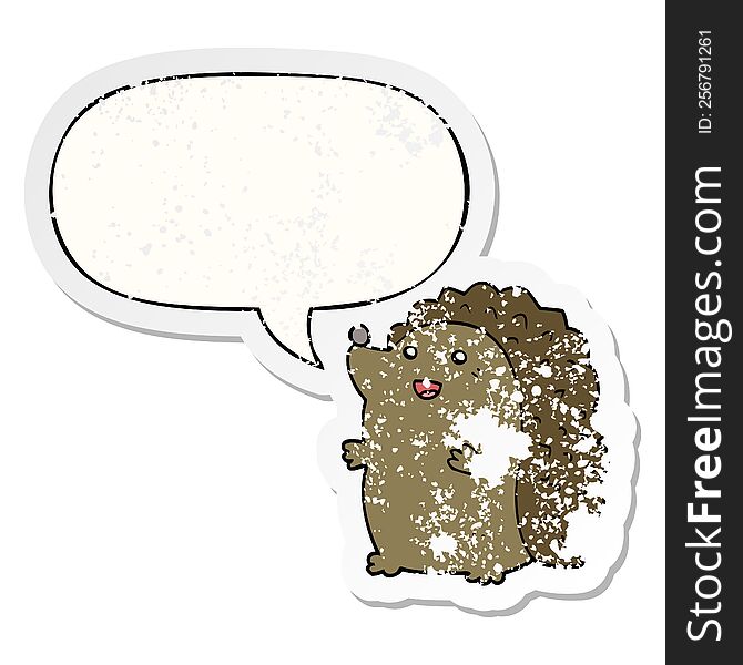 Cartoon Happy Hedgehog And Speech Bubble Distressed Sticker