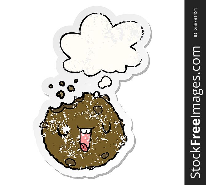 cartoon cookie with thought bubble as a distressed worn sticker