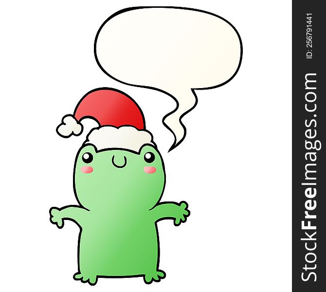 cute cartoon frog wearing christmas hat and speech bubble in smooth gradient style