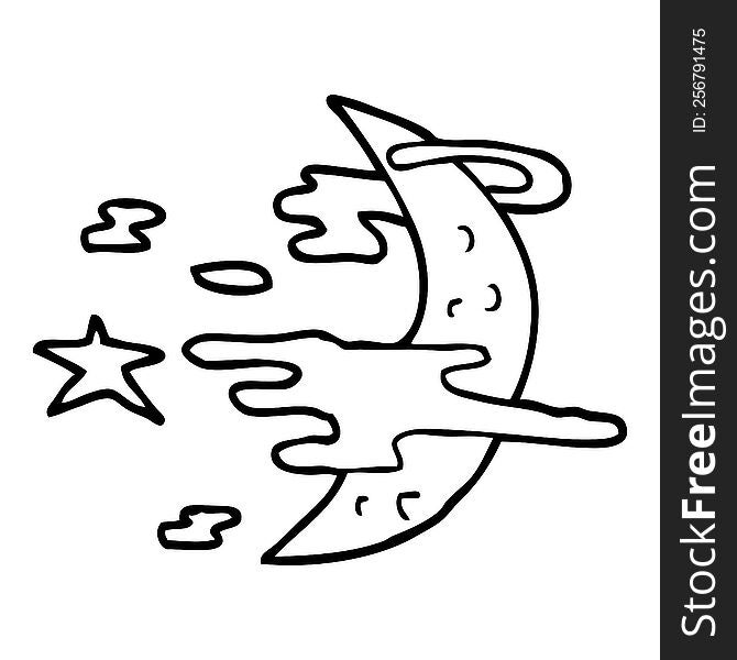 line drawing cartoon spooky moon and clouds