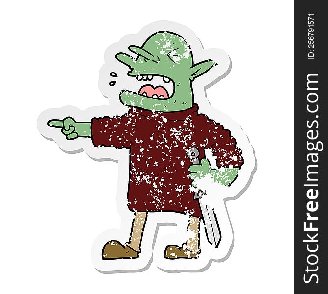 distressed sticker of a cartoon goblin with knife