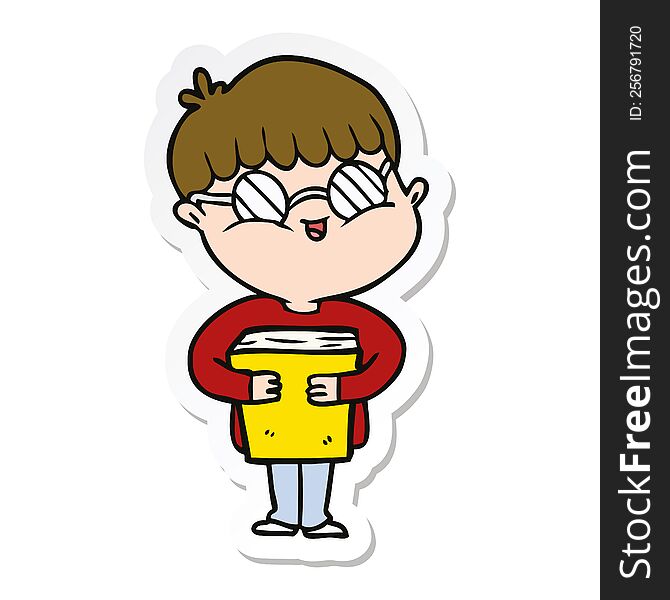 sticker of a cartoon boy wearing spectacles carrying book