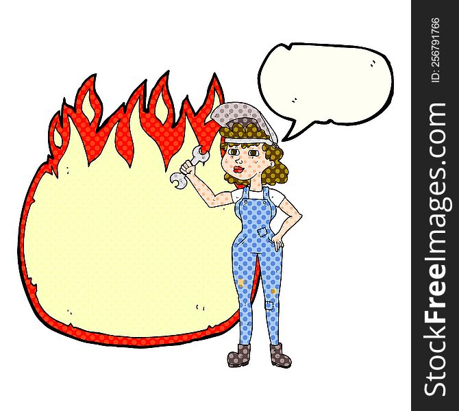 freehand drawn comic book speech bubble cartoon woman with spanner
