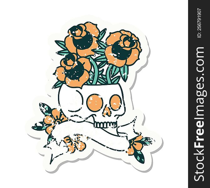 worn old sticker with banner of a skull and roses. worn old sticker with banner of a skull and roses