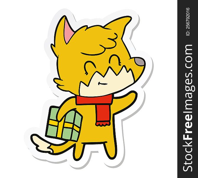 Sticker Of A Cartoon Happy Fox With Gift