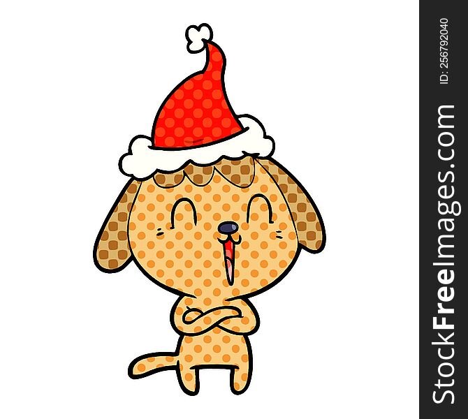 cute comic book style illustration of a dog wearing santa hat