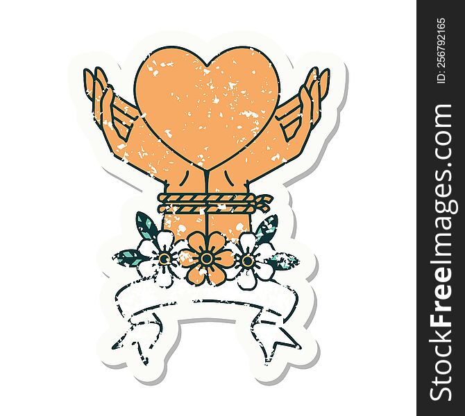 Grunge Sticker With Banner Of Tied Hands And A Heart