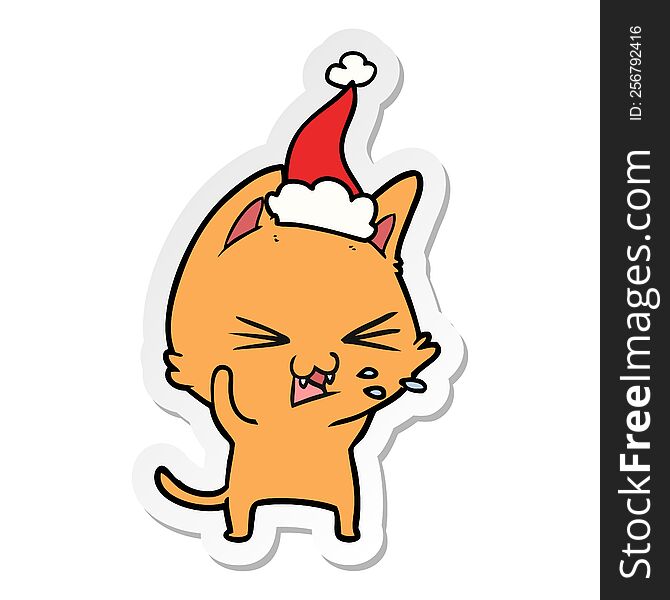 Sticker Cartoon Of A Cat Hissing Wearing Santa Hat