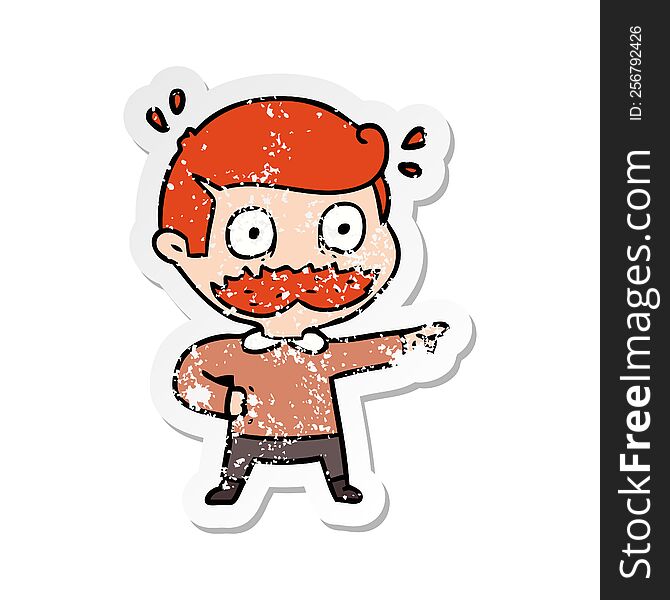 Distressed Sticker Of A Cartoon Man With Mustache Shocked