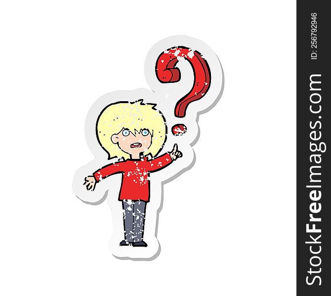 retro distressed sticker of a cartoon confused woman