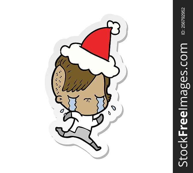 sticker cartoon of a crying girl wearing space clothes wearing santa hat