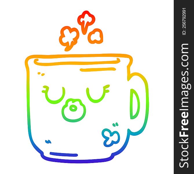 rainbow gradient line drawing of a cartoon hot coffee mug