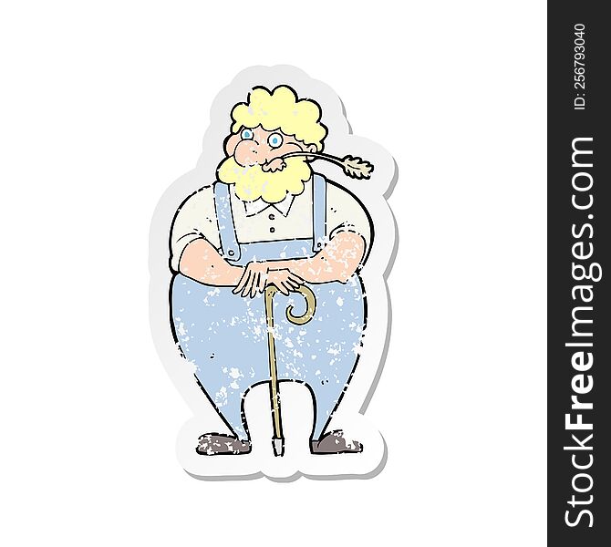 retro distressed sticker of a cartoon farmer leaning on walking stick