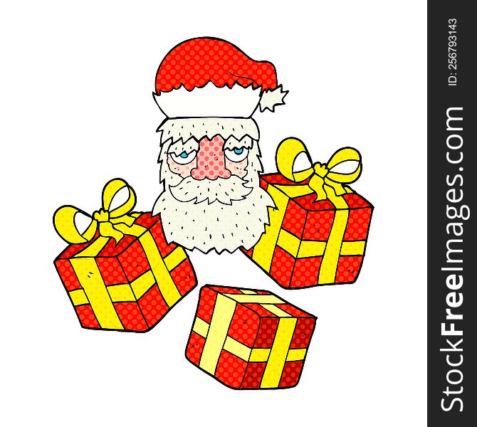 comic book style cartoon tired santa claus face with presents