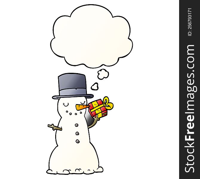 cartoon christmas snowman with thought bubble in smooth gradient style