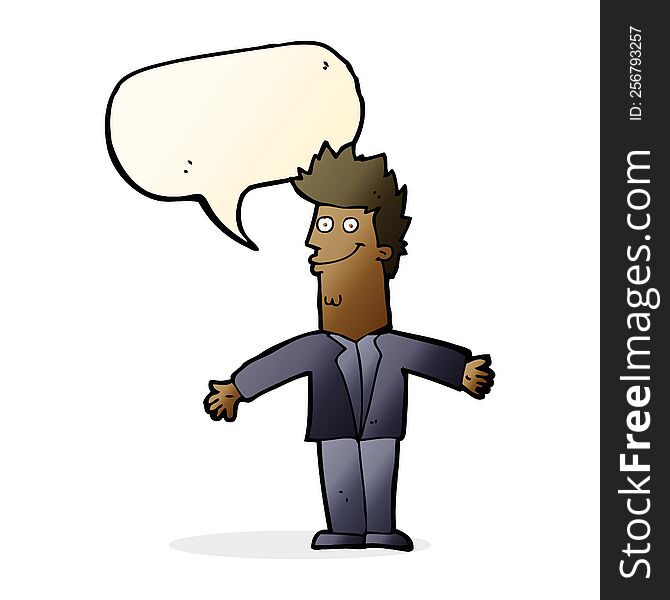 Cartoon Happy Man With Open Arms With Speech Bubble