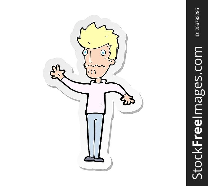 Sticker Of A Cartoon Worried Man Reaching Out