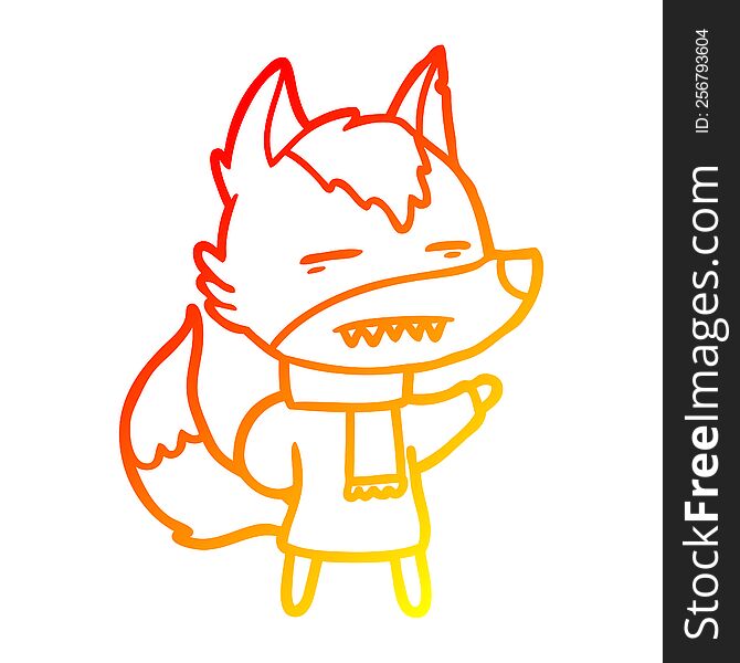 warm gradient line drawing of a cartoon wolf in winter clothes