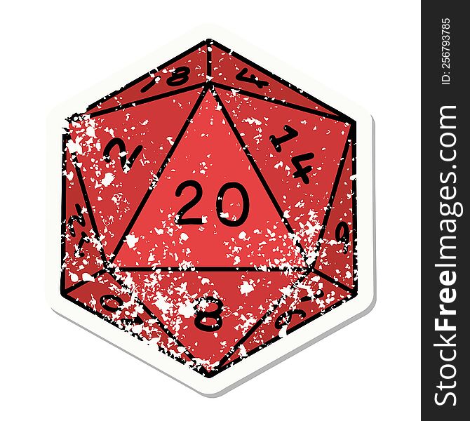 Traditional Distressed Sticker Tattoo Of A D20 Dice