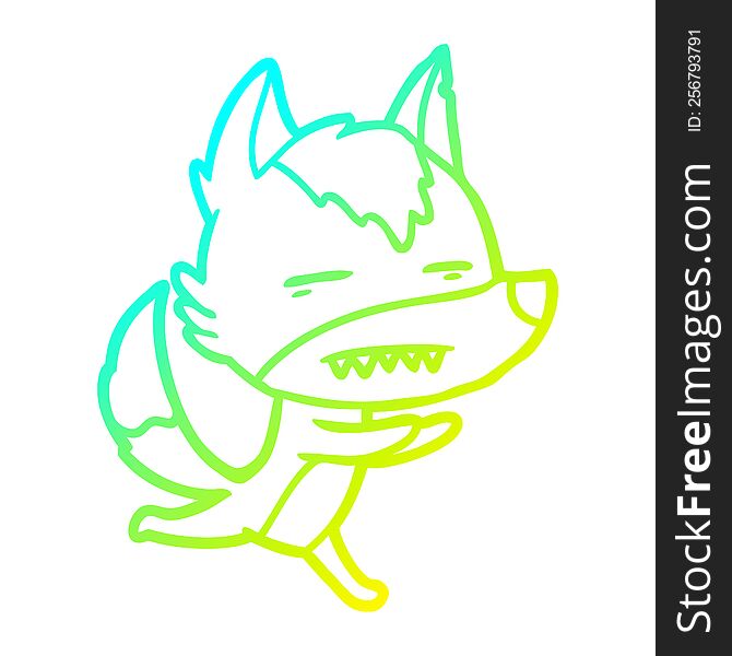 Cold Gradient Line Drawing Cartoon Wolf Showing Teeth