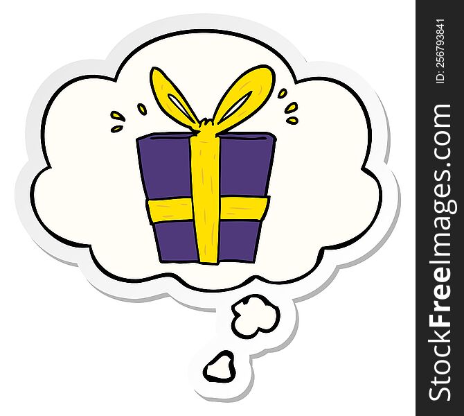 cartoon wrapped gift with thought bubble as a printed sticker