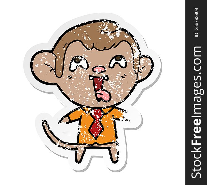 distressed sticker of a crazy cartoon monkey in shirt and tie