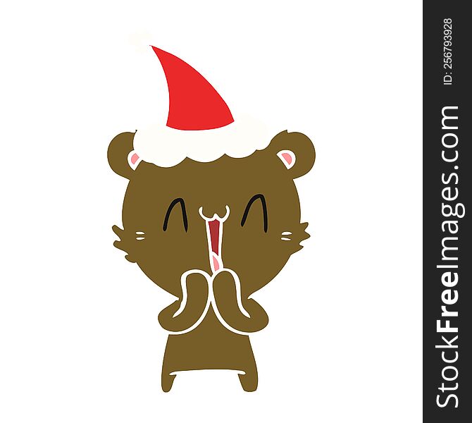 happy bear hand drawn flat color illustration of a wearing santa hat. happy bear hand drawn flat color illustration of a wearing santa hat