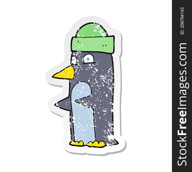 Retro Distressed Sticker Of A Cartoon Penguin Wearing Hat