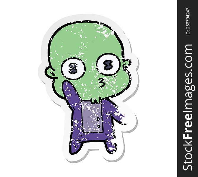 Distressed Sticker Of A Waving Weird Bald Spaceman