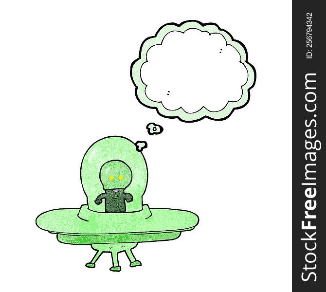 freehand drawn thought bubble textured cartoon alien in flying saucer