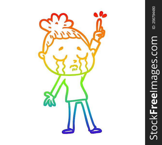 rainbow gradient line drawing of a cartoon crying woman raising hand