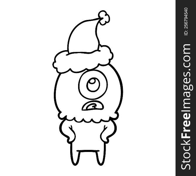 hand drawn line drawing of a cyclops alien spaceman wearing santa hat