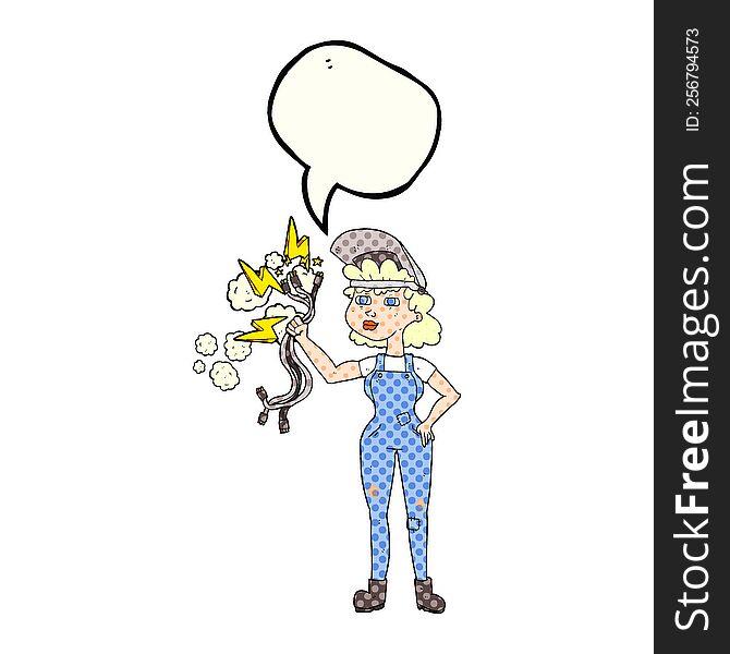 freehand drawn comic book speech bubble cartoon electrician woman