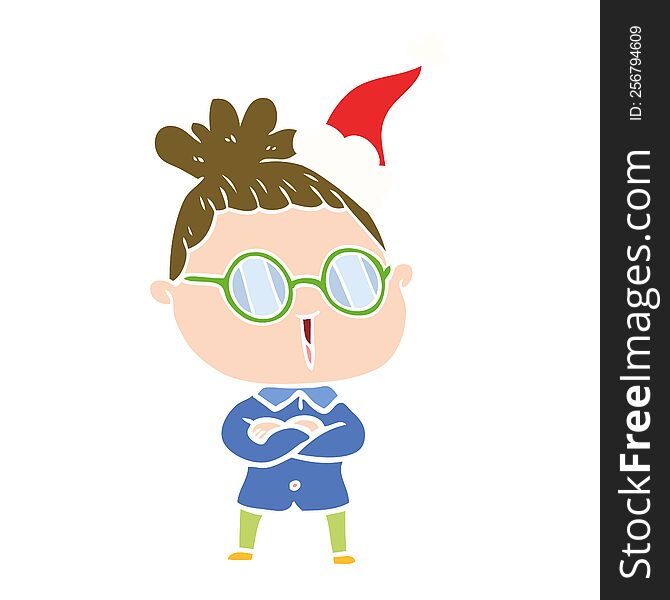 flat color illustration of a woman wearing spectacles wearing santa hat