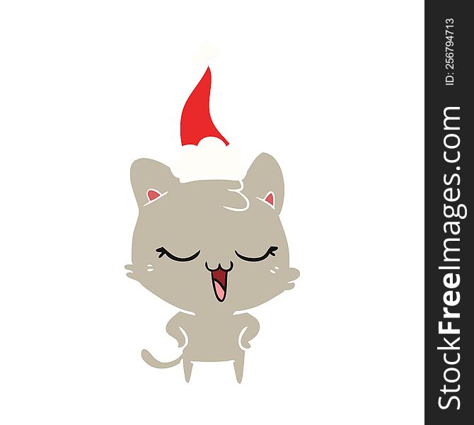 happy hand drawn flat color illustration of a cat wearing santa hat. happy hand drawn flat color illustration of a cat wearing santa hat