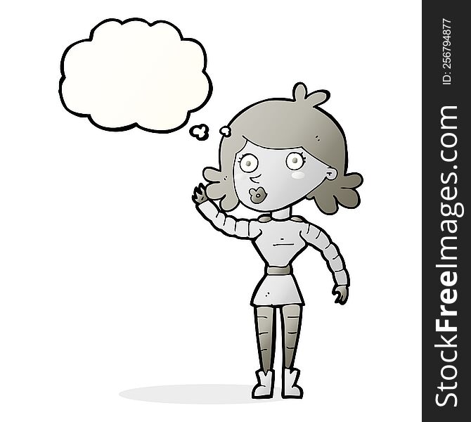 cartoon robot woman waving with thought bubble
